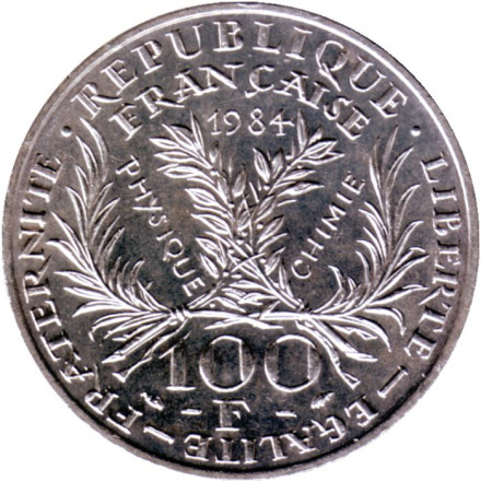 Монета 100 франков. 1984 год, Франция. 50 лет со дня смерти Марии Кюри. Монета 100 франков. 1984 год, Франция. 50 лет со дня смерти Марии Кюри.
