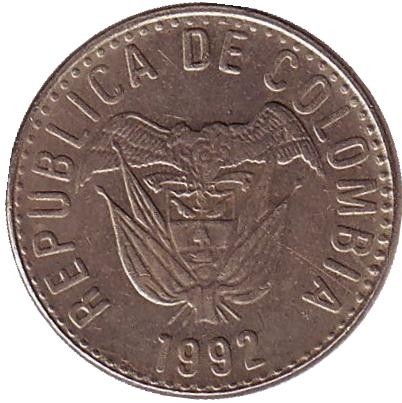 Монета 10 песо, 1992 год, Колумбия.