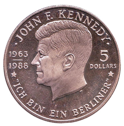 Монета 5 долларов. 1988 год, Ниуэ. Джон Кеннеди.