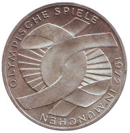 Монета 10 марок, 1972 год, ФРГ. Узел. XX Летние Олимпийские игры. Мюнхен-1972. (G). Монета 10 марок, 1972 год, ФРГ. Узел. XX Летние Олимпийские игры. Мюнхен-1972. (G).