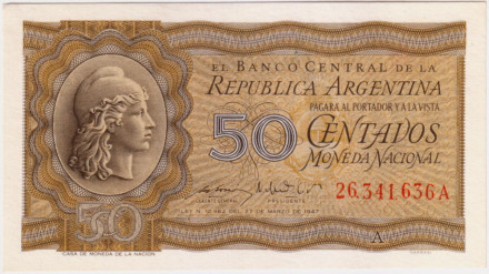 Банкнота 50 сентаво. 1947 год, Аргентина. P-259a.