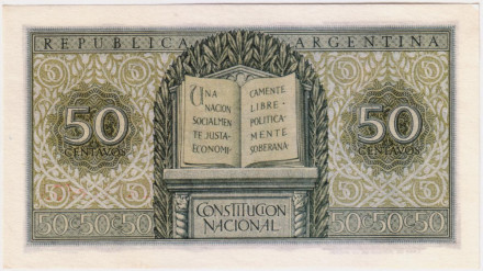 Банкнота 50 сентаво. 1947 год, Аргентина. P-259a. Банкнота 50 сентаво. 1947 год, Аргентина. P-259a.