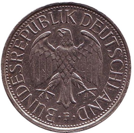 Монета 1 марка. 1989 год (F), ФРГ. Из обращения. Монета 1 марка. 1989 год (F), ФРГ. Из обращения.