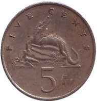 Монета 5 центов. 1980 год, Ямайка. Острорылый крокодил. Монета 5 центов. 1980 год, Ямайка. Острорылый крокодил.