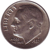 Монета 10 центов. 1982 (P) год, США. Рузвельт. Монета 10 центов. 1982 (P) год, США. Рузвельт.