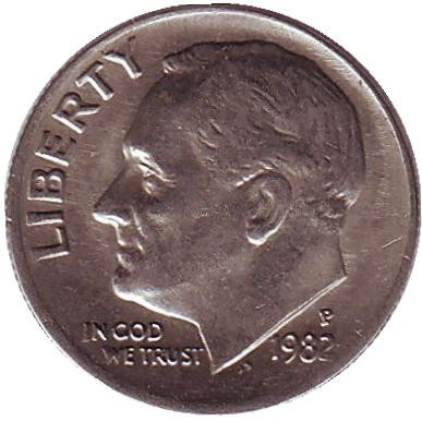 Монета 10 центов. 1982 (P) год, США. Рузвельт.