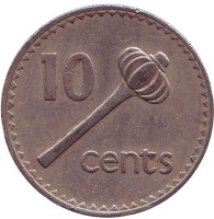 Метательная дубинка - ула тава тава. Монета 10 центов. 1986 год, Фиджи.