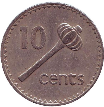 Монета 10 центов. 1986 год, Фиджи. Метательная дубинка - ула тава тава.