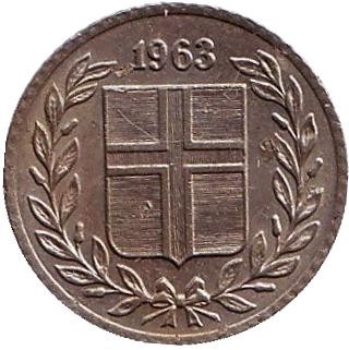 Монета 10 аураров. 1963 год, Исландия.