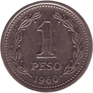 Монета 1 песо. 1960 год, Аргентина. Монета 1 песо. 1960 год, Аргентина.