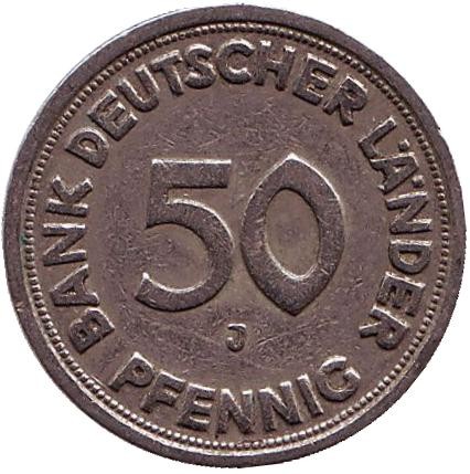 Монета 50 пфеннигов. 1949 (J) год, ФРГ. Женщина, сажающая дуб. Монета 50 пфеннигов. 1949 (J) год, ФРГ. Женщина, сажающая дуб.