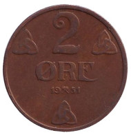 Монета 2 эре. 1951 год, Норвегия. Монета 2 эре. 1951 год, Норвегия.