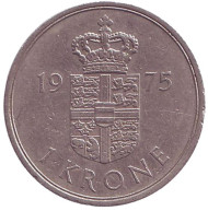 Монета 1 крона. 1975 год, Дания. Монета 1 крона. 1975 год, Дания.
