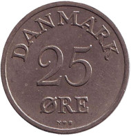 Монета 25 эре. 1952 год, Дания. Монета 25 эре. 1952 год, Дания.