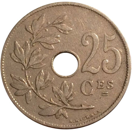 Монета 25 сантимов. 1921 год, Бельгия. (Belgique)