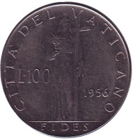 Монета 100 лир. 1956 год, Ватикан. Фигура Веры с крестом. Монета 100 лир. 1956 год, Ватикан. Фигура Веры с крестом.
