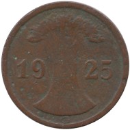 Монета 2 рейхспфеннига. 1925 год (G), Веймарская республика. Монета 2 рейхспфеннига. 1925 год (G), Веймарская республика.