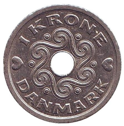 Монета 1 крона. 1993 год, Дания.