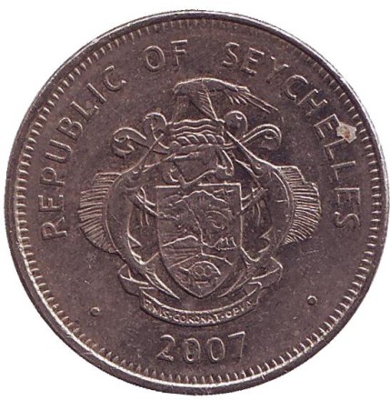 Монета 1 рупия. 2007 год, Сейшельские острова. Из обращения. Тритонов рог (Харония Тритон). Монета 1 рупия. 2007 год, Сейшельские острова. Из обращения. Тритонов рог (Харония Тритон).