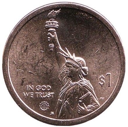 Монета 1 доллар. 2019 год (D), США. Лампа накаливания Т. Эдисона. Серия "Американские инновации".