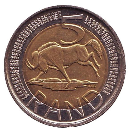 Монета 5 рандов. 2016 год, ЮАР. Антилопа гну.