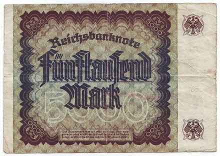 Рейхсбанкнота 5000 марок. 1922 год, Веймарская республика. Ганс Имхофф. Рейхсбанкнота 5000 марок. 1922 год, Веймарская республика. Ганс Имхофф.