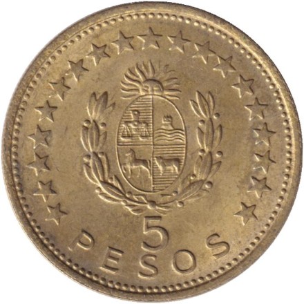 Монета 5 песо. 1965 год, Уругвай. Монета 5 песо. 1965 год, Уругвай.