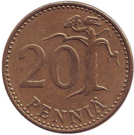 Монета 20 пенни. 1972 год, Финляндия. Монета 20 пенни. 1972 год, Финляндия.