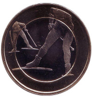 Монета 5 евро. 2016 год, Финляндия. Лыжные гонки.