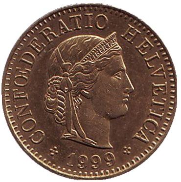 Монета 5 раппенов. 1999 год, Швейцария.