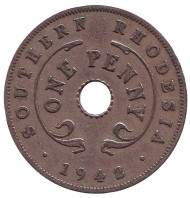 Монета 1 пенни. 1942 год, Южная Родезия. Монета 1 пенни. 1942 год, Южная Родезия.