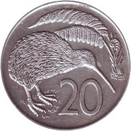 Монета 20 центов. 1970 год, Новая Зеландия. Состояние - VF-XF. Киви (Птица). Монета 20 центов. 1970 год, Новая Зеландия. Состояние - VF-XF. Киви (Птица).