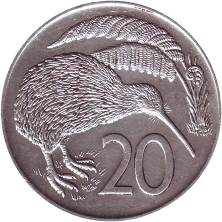Монета 20 центов. 1970 год, Новая Зеландия. Состояние - VF-XF. Киви (Птица).