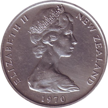 Монета 20 центов. 1970 год, Новая Зеландия. Состояние - VF-XF. Киви (Птица). Монета 20 центов. 1970 год, Новая Зеландия. Состояние - VF-XF. Киви (Птица).