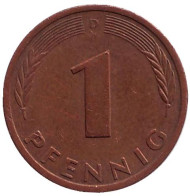 Монета 1 пфенниг. 1980 год (D), ФРГ. Дубовые листья. Монета 1 пфенниг. 1980 год (D), ФРГ. Дубовые листья.