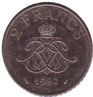Монета 2 франка. 1982 год, Монако. Монета 2 франка. 1982 год, Монако.