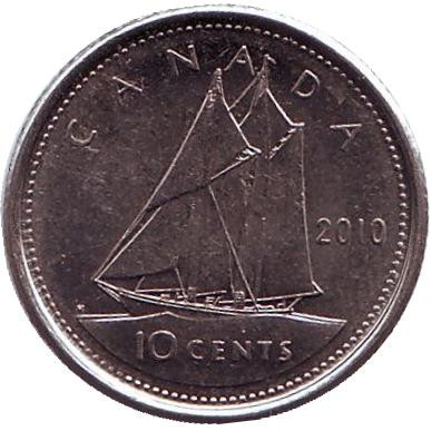 Монета 10 центов. 2010 год, Канада. Парусник.