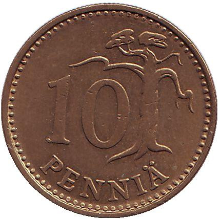 Монета 10 пенни. 1974 год, Финляндия.