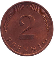 Монета 2 пфеннига. 1980 год (D), ФРГ. Дубовые листья. Монета 2 пфеннига. 1980 год (D), ФРГ. Дубовые листья.
