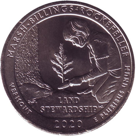 Монета 25 центов (Р). 2020 год, США. Исторический парк Марш-Биллингс-Рокфеллер. Парк № 54.