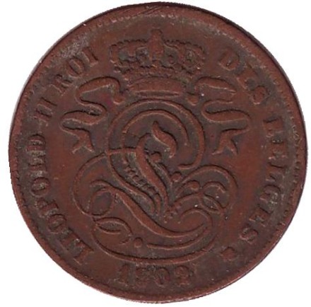 Монета 2 сантима. 1902 год, Бельгия. (Des Belges)