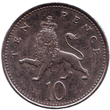 Монета 10 пенсов. 2008 год, Великобритания. (Старый тип) Лев.