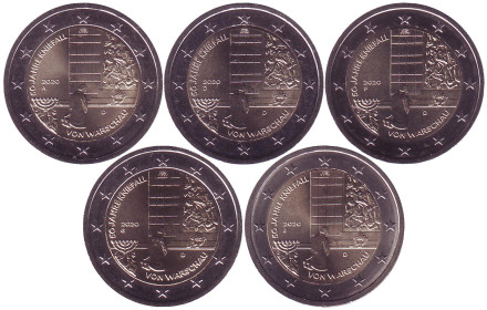 50 лет Коленопреклонению в Варшаве. Набор из 5 монет разных монетных дворов. 2 евро. 2020 год, Германия.