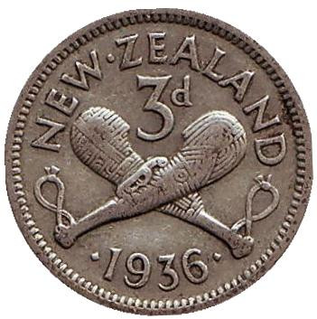 Монета 3 пенса. 1936 год, Новая Зеландия. Скрещенные вахаики.