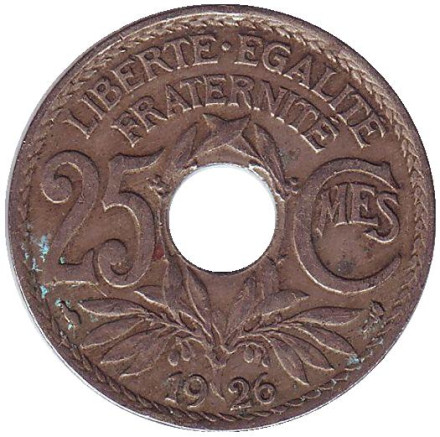 Монета 25 сантимов. 1926 год, Франция.