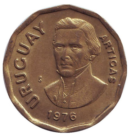Монета 1 новый песо. 1976 год, Уругвай. Хосе Артигас.