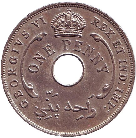 Монета 1 пенни. 1940 год, Британская Западная Африка. (Без отметки монетного двора) Монета 1 пенни. 1940 год, Британская Западная Африка. (Без отметки монетного двора)