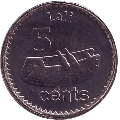 Монета 5 центов. 2014 год, Фиджи. Рыба-кролик. Фиджийский барабан.