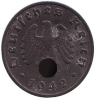 Монета 1 рейхспфенниг. 1942 год, Германия (Третий Рейх). (E). Монета 1 рейхспфенниг. 1942 год, Германия (Третий Рейх). (E).