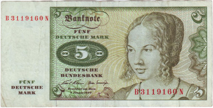 Банкнота 5 марок. 1970 год, ФРГ. Портрет молодой венецианки. Ветка дуба.
